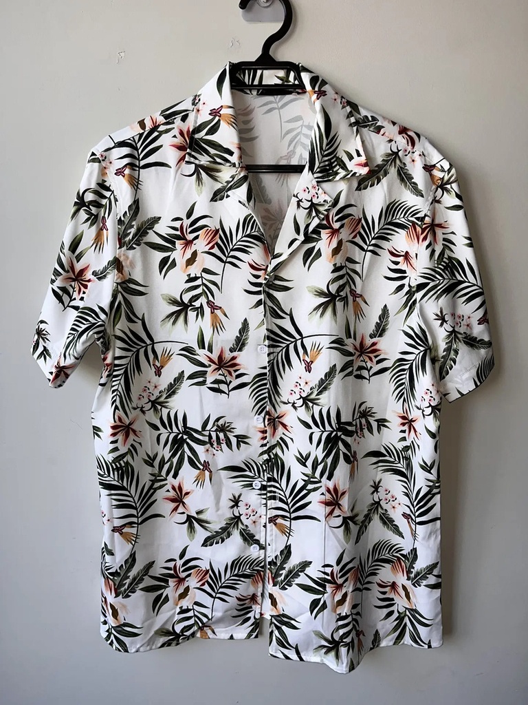 Camisa Shein Hombre Cuello Americano Manga Corta Natural Blanco Floreado S